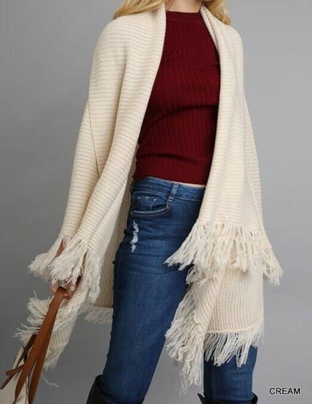 UMGEE Cream Fringe Long Line Cardigan Sweater Open Front Boho Cozy